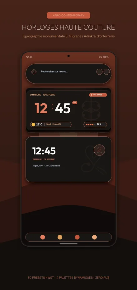 Clock widgets on a terracotta home screen: large time, date, weather and battery.