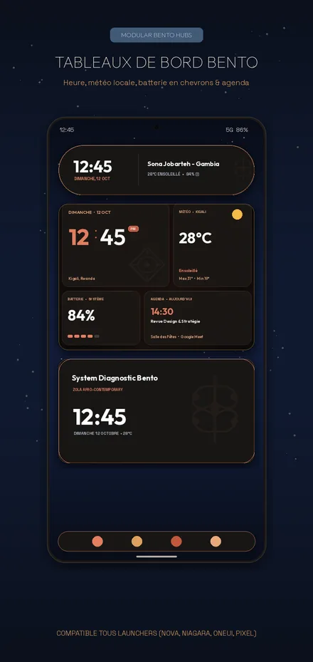 Bento dashboard widgets on an indigo home screen: time, local weather, battery and agenda.