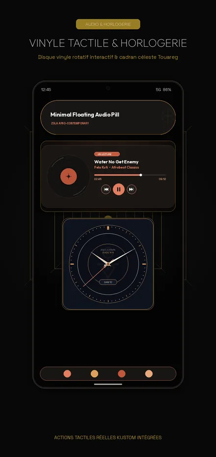 A music player widget with a vinyl record, and an analog clock widget.