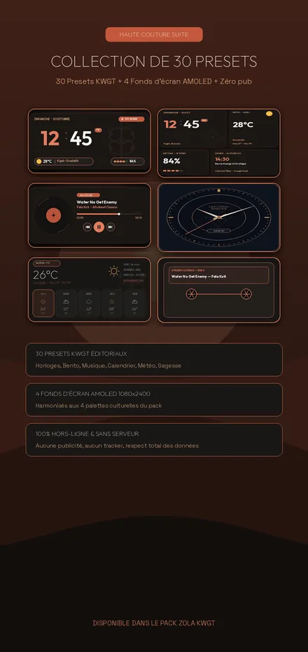 Overview of the collection: 30 KWGT presets and 4 AMOLED wallpapers.